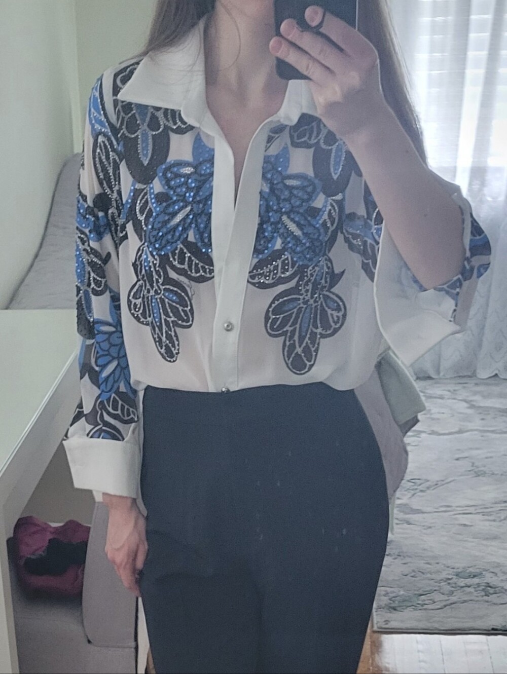 White Blouse With Floral Design And Rhinestones